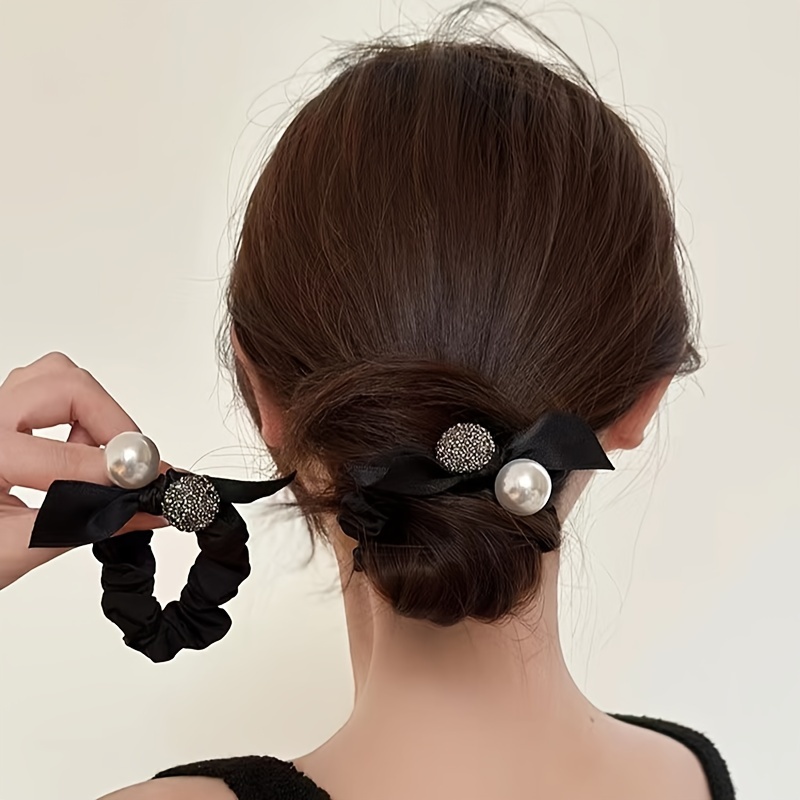 

Elegant Fabric Hair Ties Set With Bows - 2 Pack Rhinestone And Imitation Pearl Embellished Hair Rings For Everyday And Party Use, Solid Color, Suitable For Ages 14+