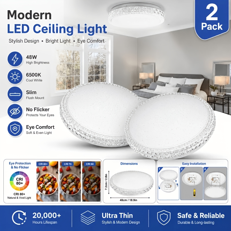 2 Pack Led Ceiling Light 48w 6500k Cool White Flush Mount Ceiling Lamp, Modern Round Slim Ceiling Light, No Eye Protection Light Fixture For Bedroom Living Room Kitchen Hallway