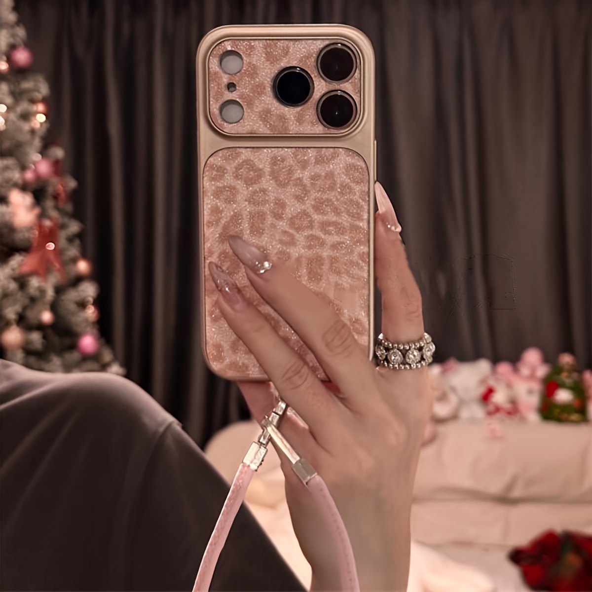 TEMU Phone Case: Luxury Glitter Leopard Print Lens Protection Phone Cover Compatible With Iphone 17 Pro 15 14 Pro Max 13 Fashion Wristband Strap Back