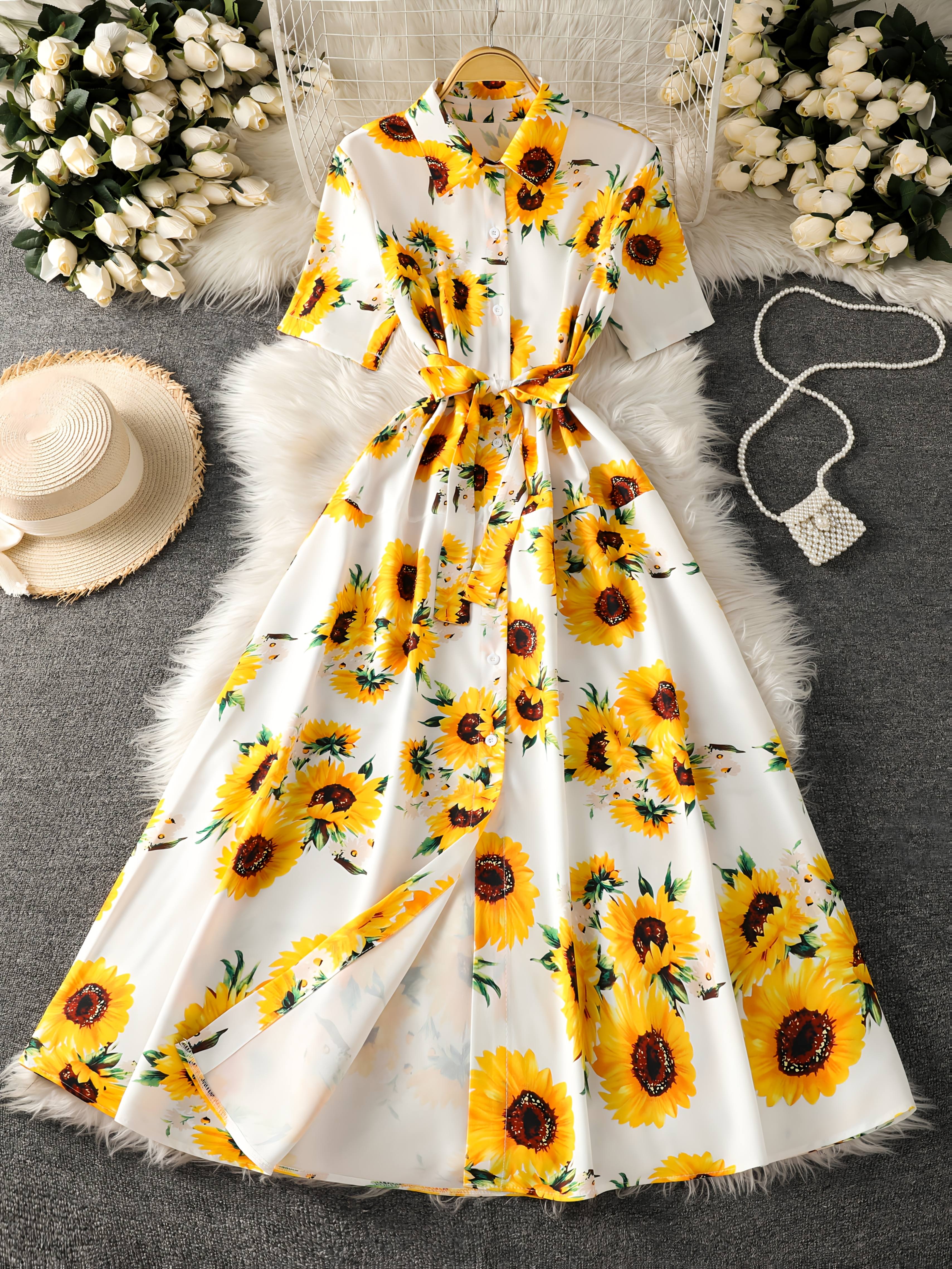Yellow Floral Sunflower Yellow Prom Dress Women'S Elegant Floral