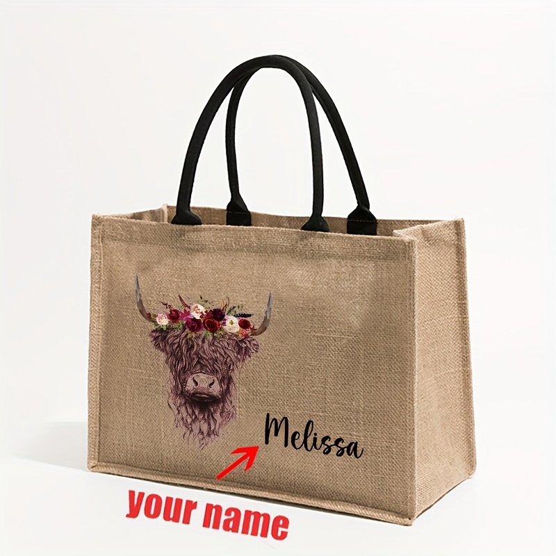 

Personalized Highland Cow Canvas Tote Bag With Flower Accents, Foldable Polyester Handbag, Fashion Style, Hand Washable, Unique For Women, Farm -