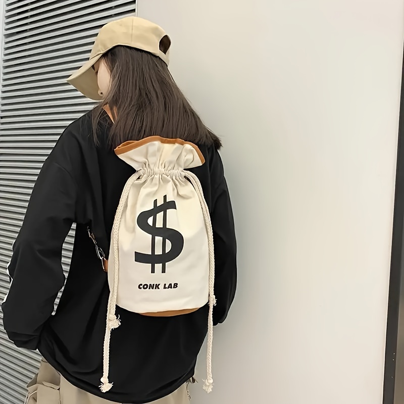 

Dollar Sign Pouchcanvas Backpack, Multifunctional Casual Money Bucket Purse, Portable Storage Drawstring Shoulder Bag