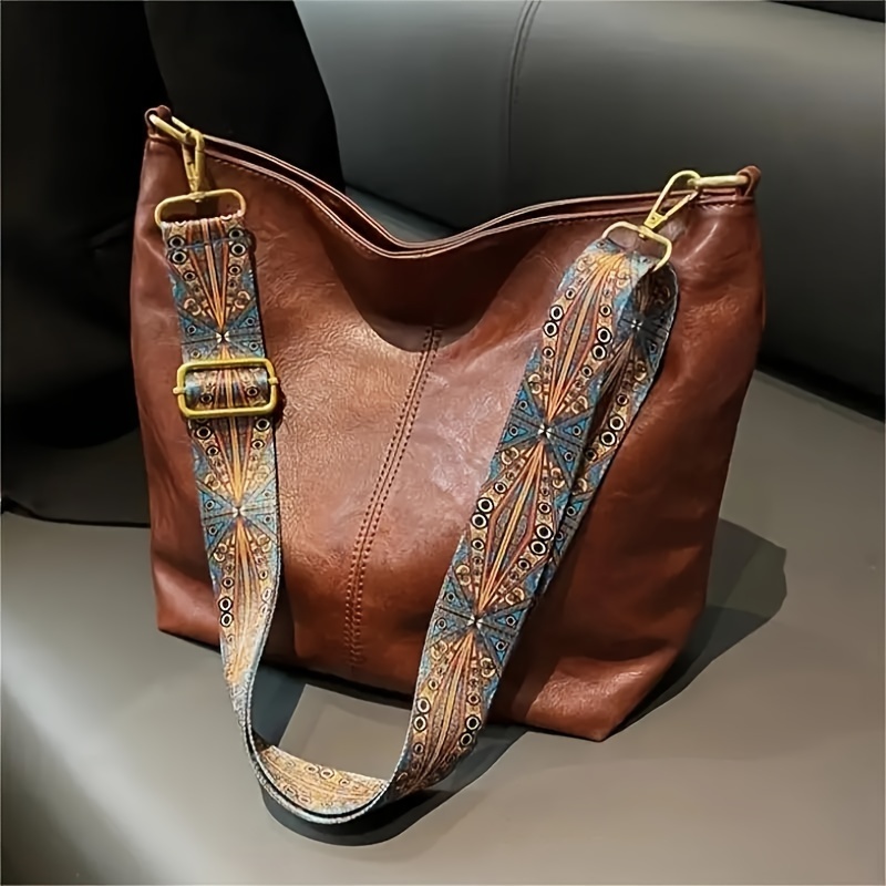 

Casual Shoulder Bag For Women, Vintage Hobo Style With Ethnic Strap, Large Capacity Zippered Tote For Travel, Daily , Adjustable Single Strap Handbag Without