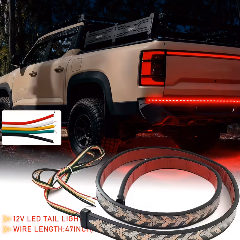 a 120 cm long led light strip designed for off road vehicles featuring arrow shapes and flowing red and yellow lights this car atmosphere light strip serves as a decorative neon addition to the back of a truck and for a considerate gift Product details 6