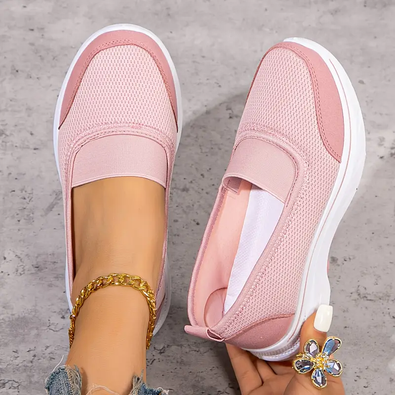 womens spring casual slip on sneakers comfortable solid color mesh fabric shoes non slip soft pvc sole low top plain toe walking shoes for middle aged and elderly details 3