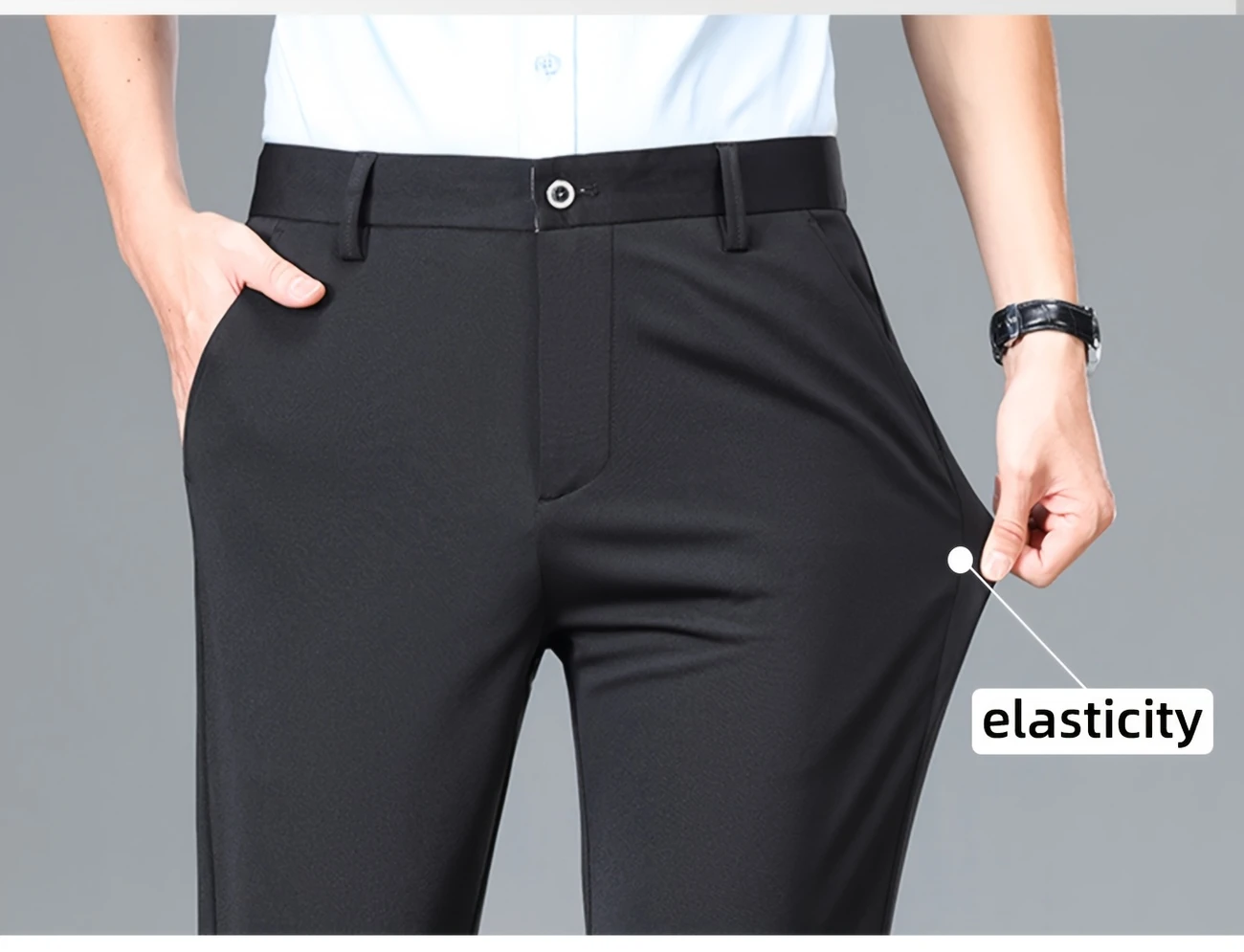 mens casual long pants black stretch fit dress pants waist regular fit polyester 94 spandex 5 button fly woven fabric 210g m alphabet pattern for weekend casual stretch details 1
