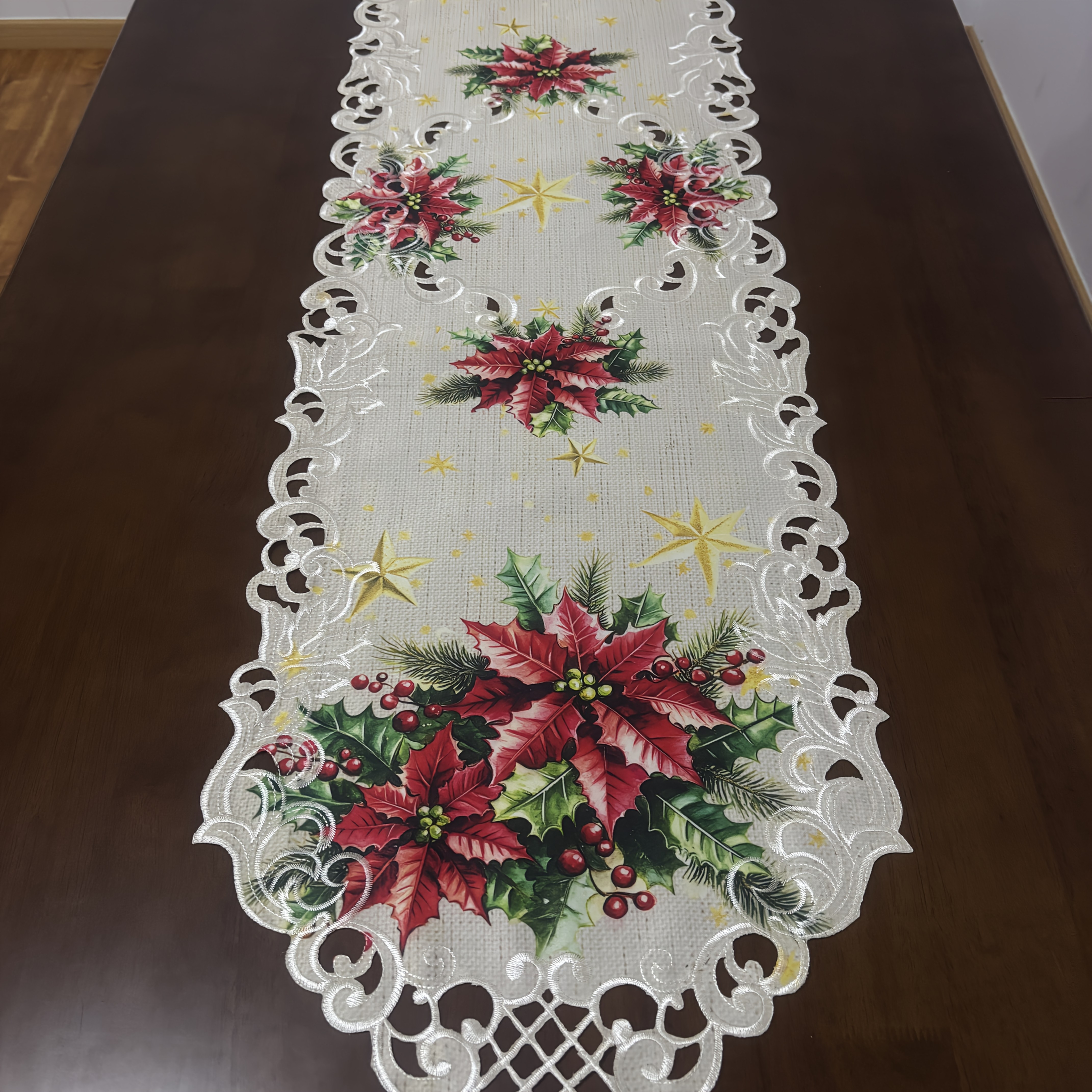 TEMU Fanion de table de Noël brodé , décoration florale pour fête d'automne et récolte, 35x113 cm, idéal pour restaurant ou cuisine, des fêtes