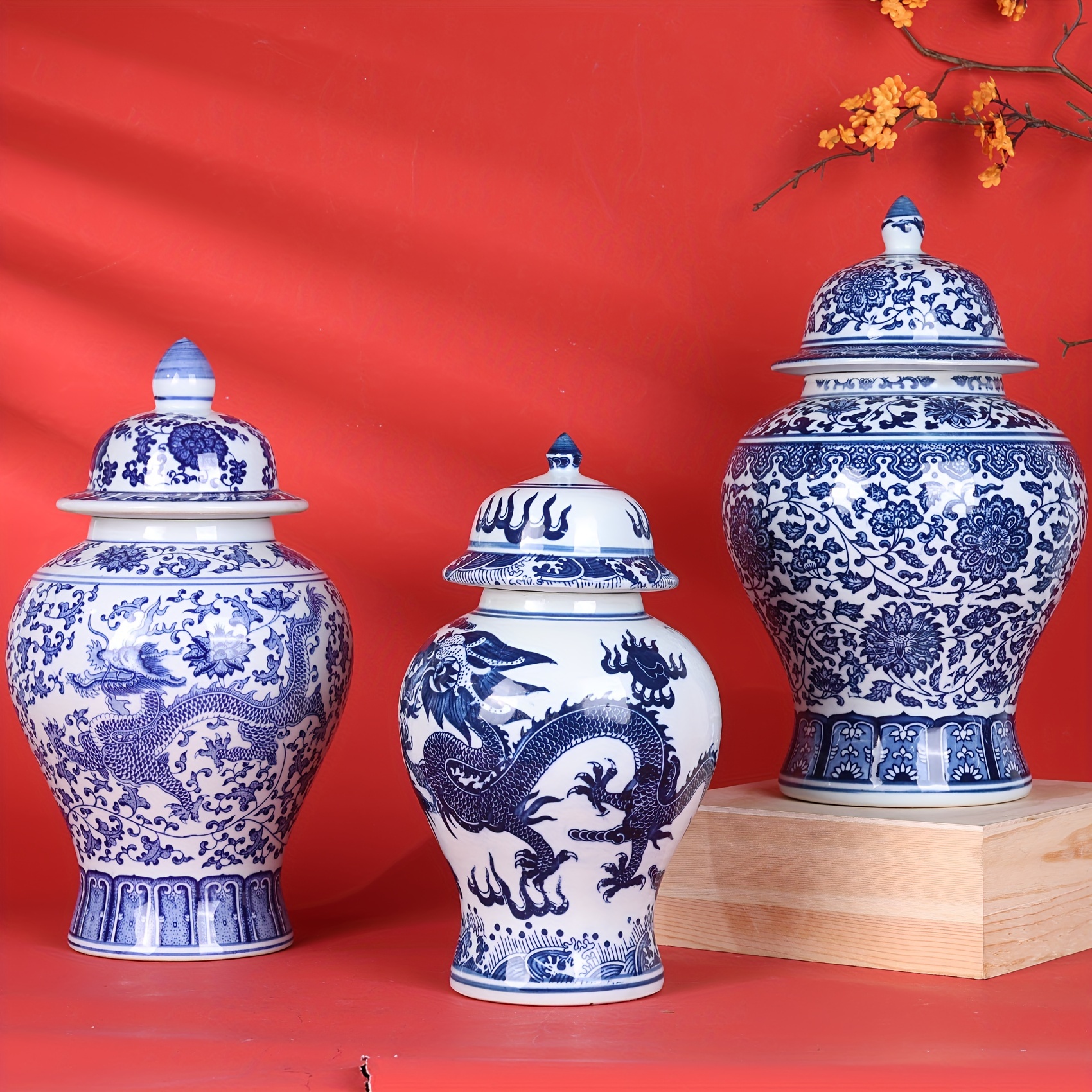 手作り中国青花磁器の壺 龍蓋付き伝統的な花瓶 装飾用ラウンドフリップ
