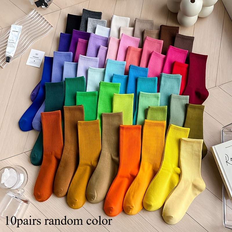 TEMU 10 Paires de Chaussettes pour Femmes, Couleurs Aléatoires, Chaussettes Tendance Couleurs Bonbon, Douces, Confortables, Respirantes, Chaussettes