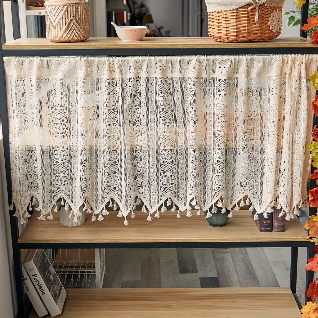 boho geometric pattern lace tassel cafe curtain tiers polyester woven semi sheer rod pocket kitchen window curtains with thermal insulated feature hand wash only   uncorded details 4