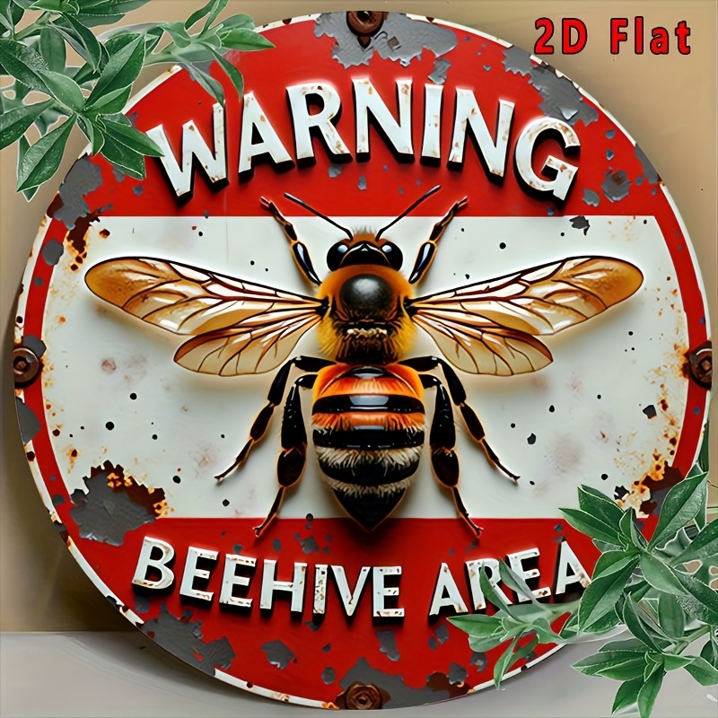 TEMU 2d Flat - 1pc Vintage Beehive Warning Sign - 7.87" Aluminum Metal Tin Wall Art With Realistic Bee Illustration, & For Home, Garage, Cafe Decor,