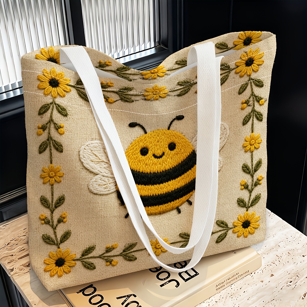 TEMU Printed Design - Non-textured 1pc, Women's Shoulder Bag With Bee And Floral Border Theme, Printed Design - No Texture, Multi-functional And