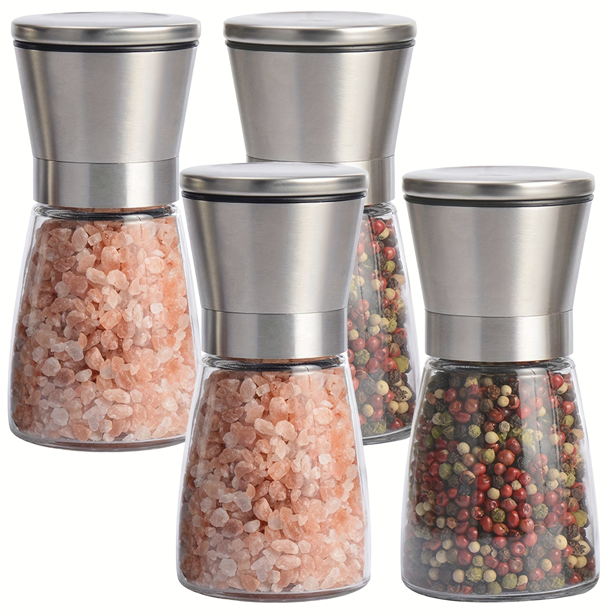 

Premium Stainless Steel Sea Salt And Pepper Grinder Set Of 2 - Adjustable Ceramic, Glass Salt And Pepper Shakers - Pepper Mill & Salt Mill W/funnel (clear Glass, 4pk)