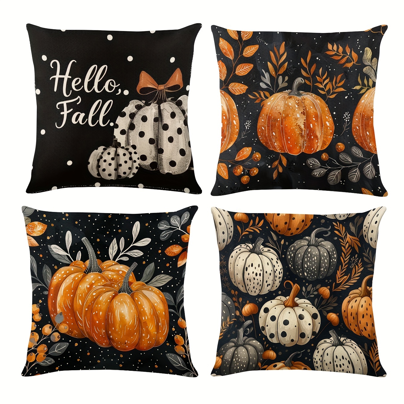 

Festive Fall Pumpkin Pillowcases - 4 Pieces - Soft Linen Material - 45cm X 45cm - Thanksgiving Day & Home Decor - Cozy, Fall Seasonal Home Decoration Indoor Outdoor Party Supply (core Not Included)