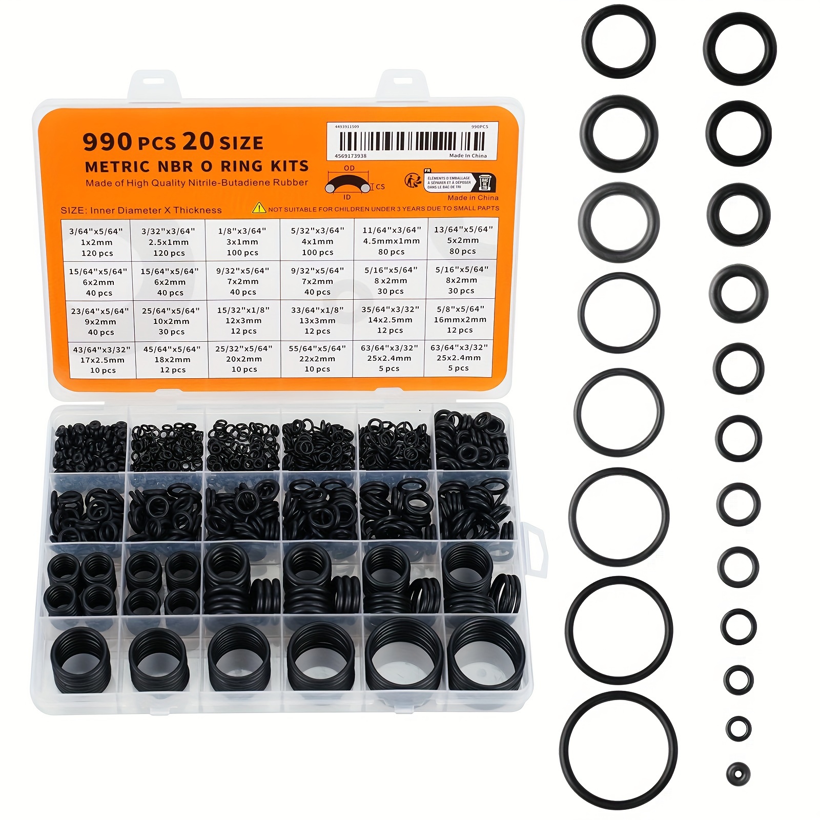 

A Set Of 990pcs Of Nitrile -ring Kits, Hardness 70a, Round -section, Synthetic Rubber Gasket Combination, 20 Sizes Suitable For High- Machines, Tubes, And Gas Sealing Components