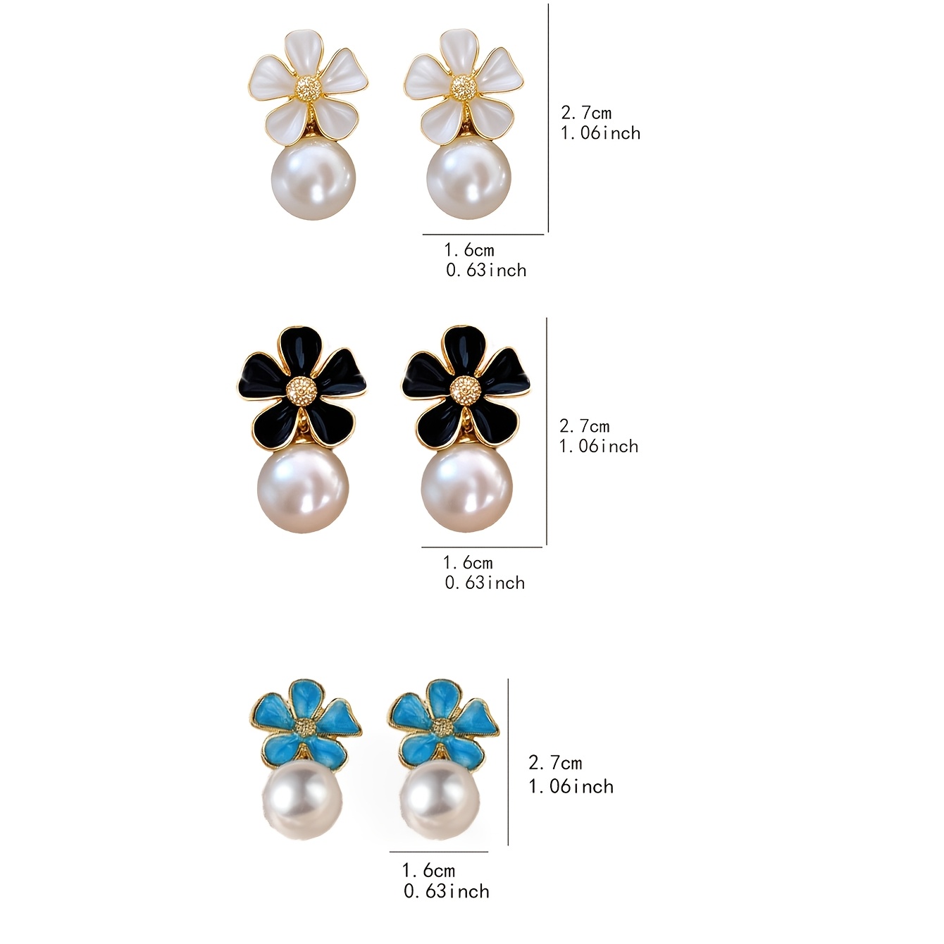 3 Pairs Retro Blue Flower Imitation Pearl Drop Earrings Set