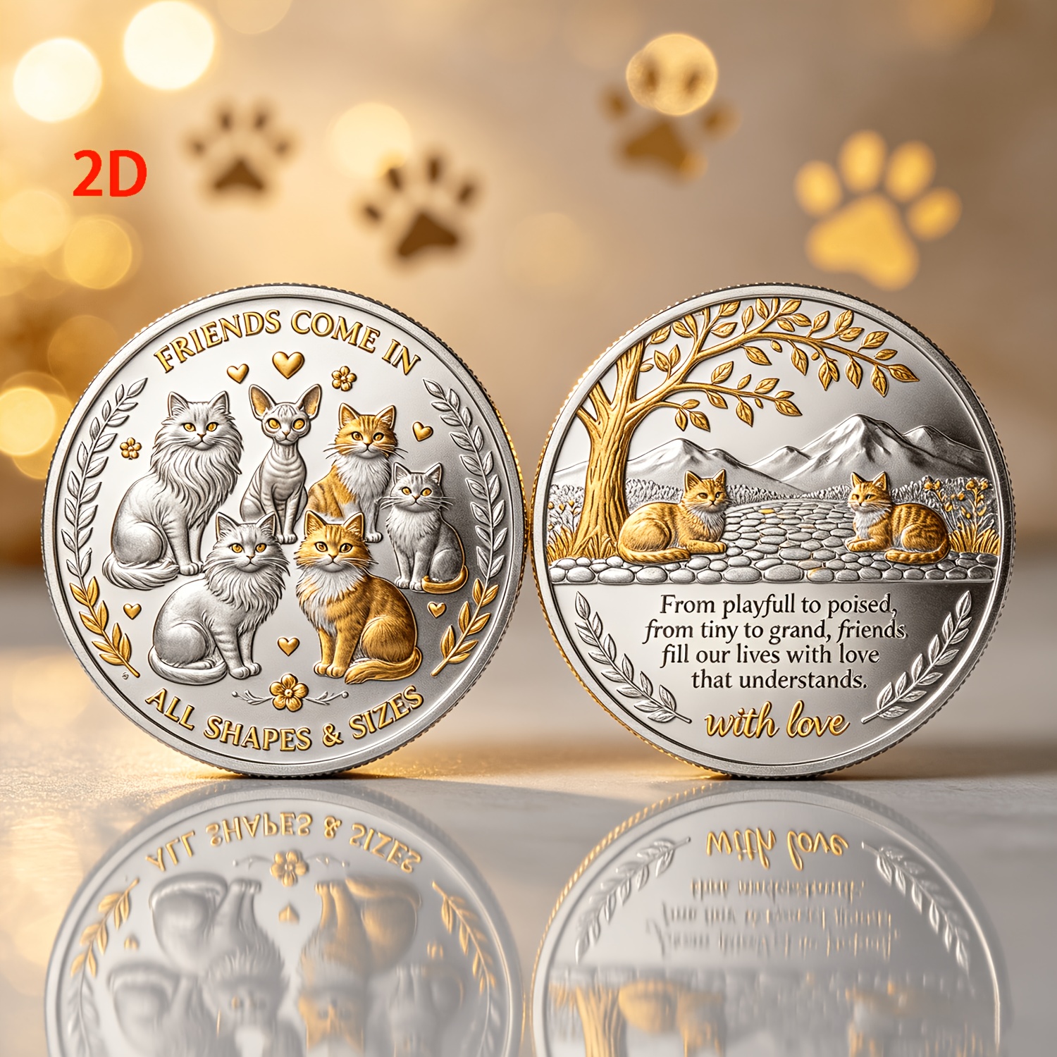 TEMU 1pc, 2d Double-sided Metal Retro Commemorative Coin - Cat Friendship Theme - Front With Group Of Cats Surrounding And " & Sizes" - Back With