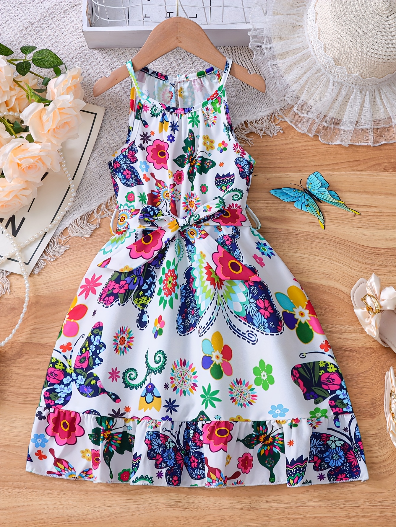Girls Summer Floral Print Sleeve Dress Adjustable