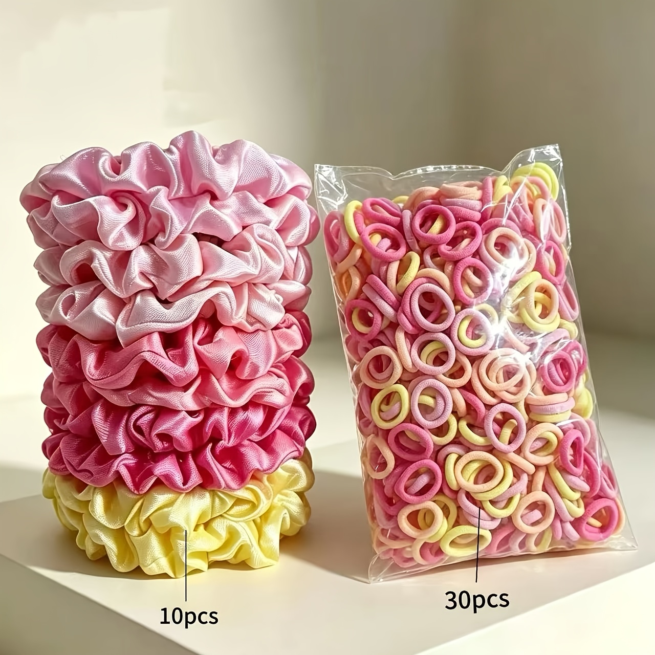 TEMU [30pcs Small Hair Ties And 10pcs Small Scrunchies] Easy Elegant Premium Lazy Hair Tie Set Styling Hair Additions Gift For