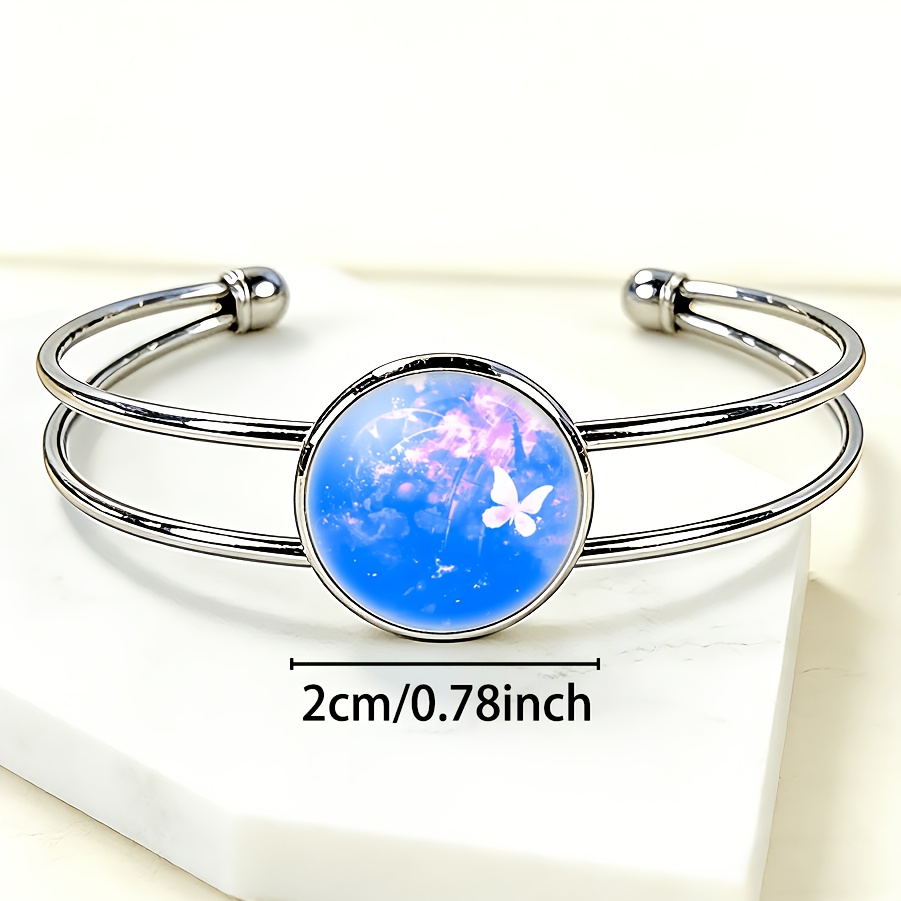 Adjustable Open Bangle with Round Time Gemstone Inlay, Classic Design