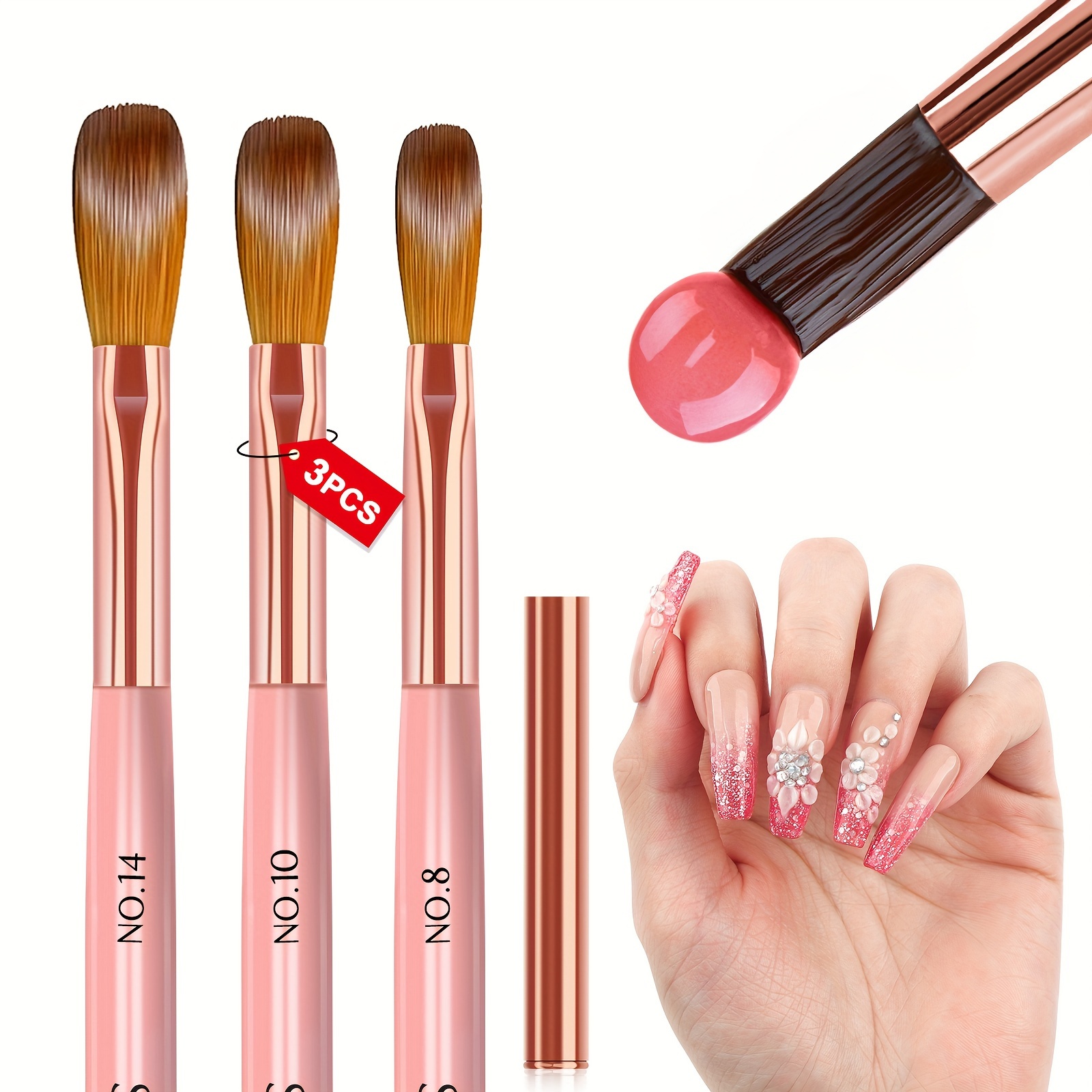 

Saviland 3pcs Acrylic Nail Brush Set - Size 8/10/14 Acrylic Nail Brushes For Acrylic Application, Pink Handle Professional Acrylic Powder Brushes For Nails Extension & 3d Nail Carving