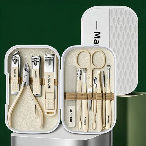 profesjonalny zestaw do manicure, 12-częściowy zestaw ze stali nierdzewnej, minimalistyczny, kremowy, falisty, teksturowany, ergonomiczny design z twardym etui, cążki do skórek, narzędzia do przycinania martwego naskórka, pielęgnacyjne dla kobiet, do podróży i codziennego użytku