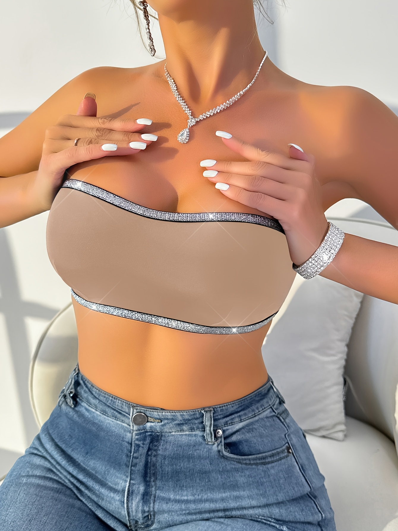Attractive Wireless Bralette for Women - Seamless, No-Pad Design with Glitter Detail, Nylon & Elastane Blend, Hand Washable