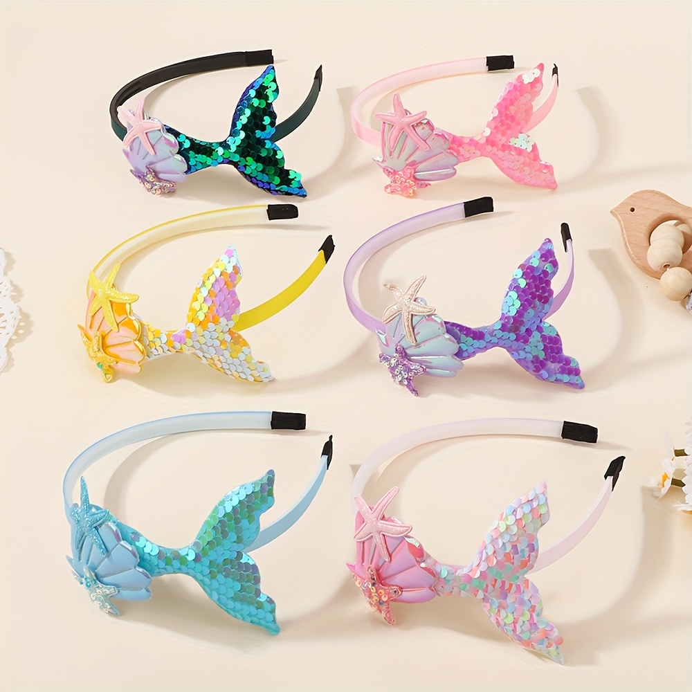 Image of 6pcs Mermaid Sequin Mermaid Sequins Headband Starfish Shell Glitter Ponytail Headband Hair Additions Women Fashion Cheap Additions