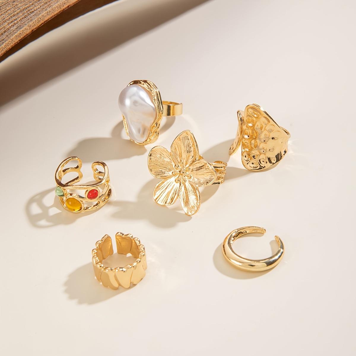 6pcs set of fashionable and flower-set Rhinestone rings, metal geometric irregular opening ring sets suitable for parties and gifts for friends