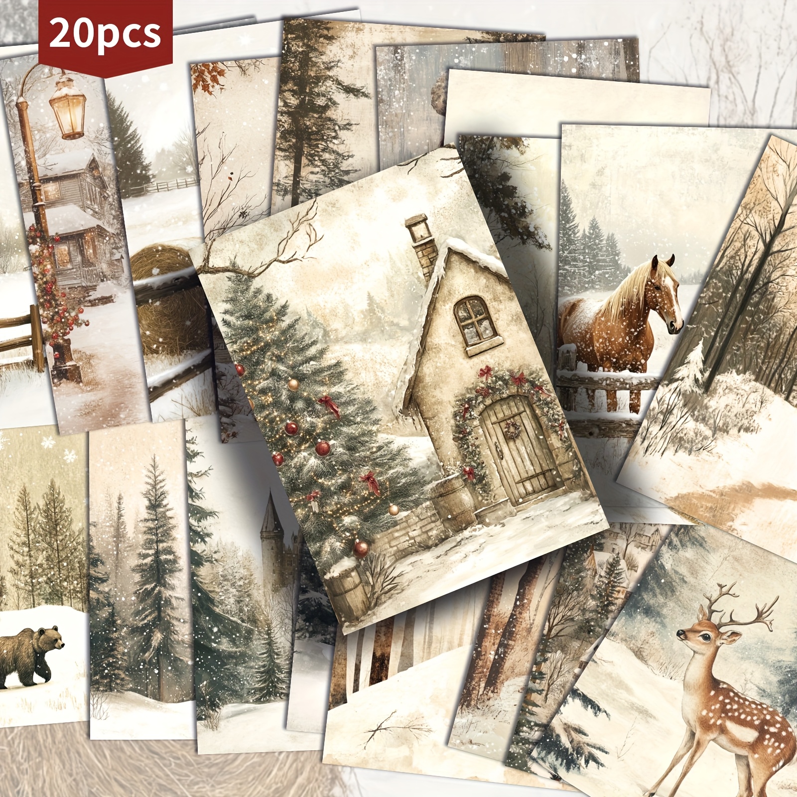 TEMU 20-pack Vintage Country Forest Christmas Decoration Postcards - 4x6 Inches Retro Junk Journal Paper, Classic Pinup Illustrations, Collectible