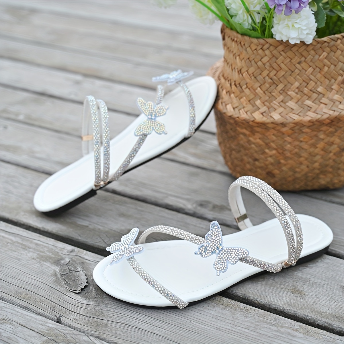 Elegant Women'S Summer Flat Sandals with Sparkling Rhinestone Butterfly Charms, White Faux Cover Open-Toe Slip-On Shoes for Casual Outdoor Wear, Strappy Sandals