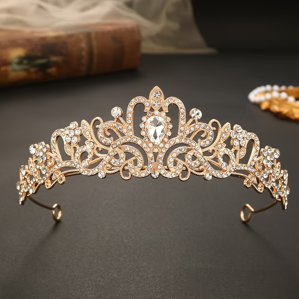 TEMU 1pc, Luxurious Golden And White Gemstone European Retro Princess Crown Headpiece - Exquisite Elegant Rhinestone Bridal Headband, Alloy Birthday