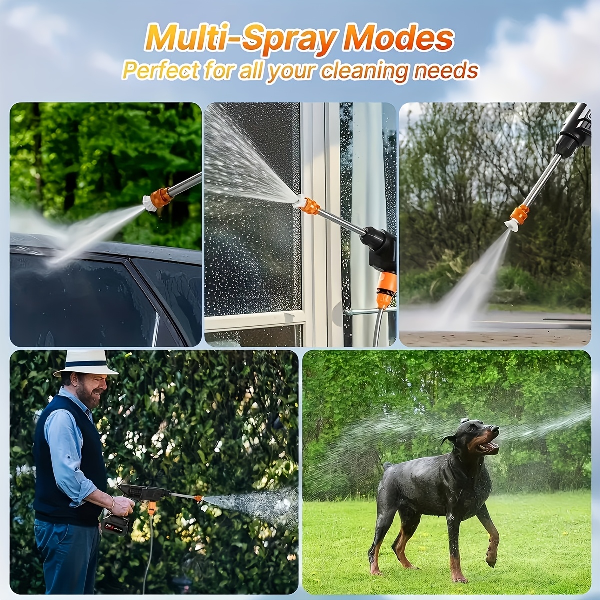a high pressure car cleaning tool   with a 5500mah battery   with two batteries has a versatile 6 in 1 nozzle and a 5 meter hose   washing cars fences floors and for watering plants   a great present details 0