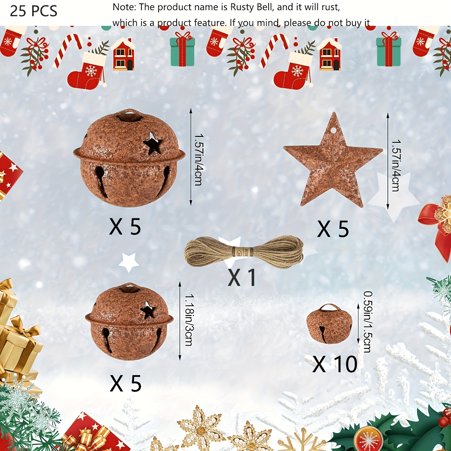 TEMU Christmas Set With Jute Rope, Vintage Rustic Primitive Craft Mini Bells, Country Bells, Crafts, Wreath, Decor, Christmas Tree Decoration (mixed