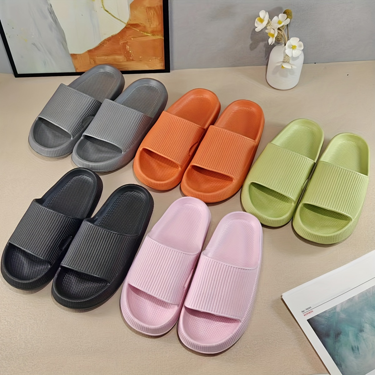 

Men's Solid Color Open Toe Breathable Minimalist Style Slides, Comfy Non Slip Durable Anti Odor Eva Slippers, Men's Bathroom Shoes