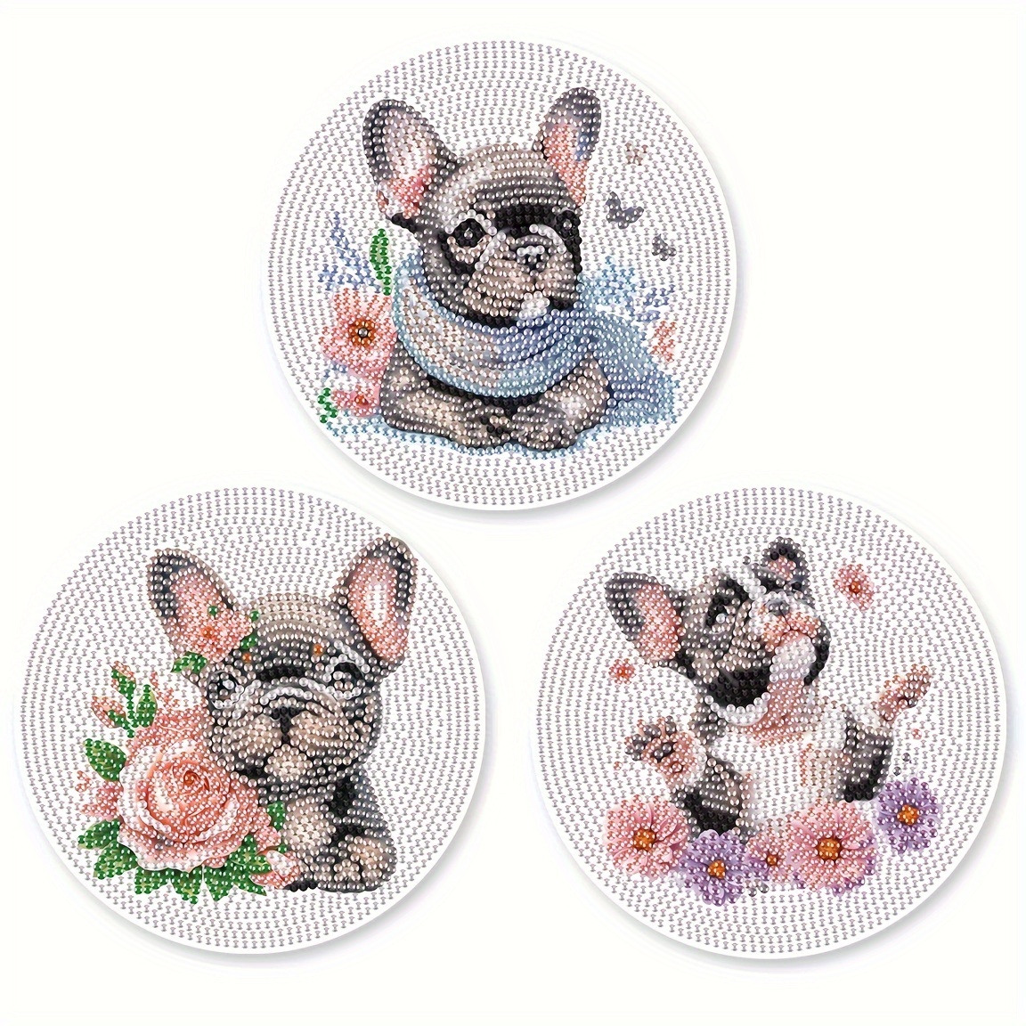 

French Bulldog Diamond Painting Coaster Kits, Animal Theme Round Diamond Art Diy Set, 3-pack Plywood Heat Resistant Anti-slip Table Mats For Home Kitchen Dining Decor, Craft Gift Kit