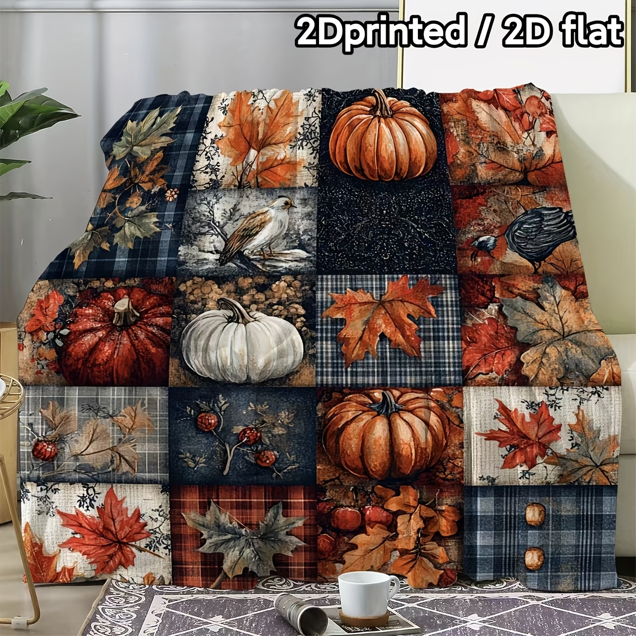 TEMU 2dprinted/ 2d Flat Heavyweight 280g Flannel Throw Blanket Soft Plush In , Featuring Pumpkin, Maple Leaf, And Autumn Leaf Patterns In