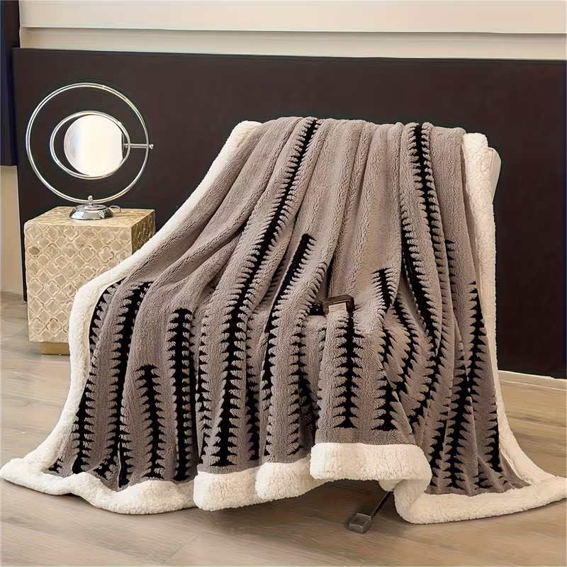 1pc luxury coral fleece blanket soft bedspread throw geometric black white gray beige stripes soft texture suitable for bed sofa or floor machine washable polyester fleece bedding multiple sizes and colors stylish versatile home Product details 3