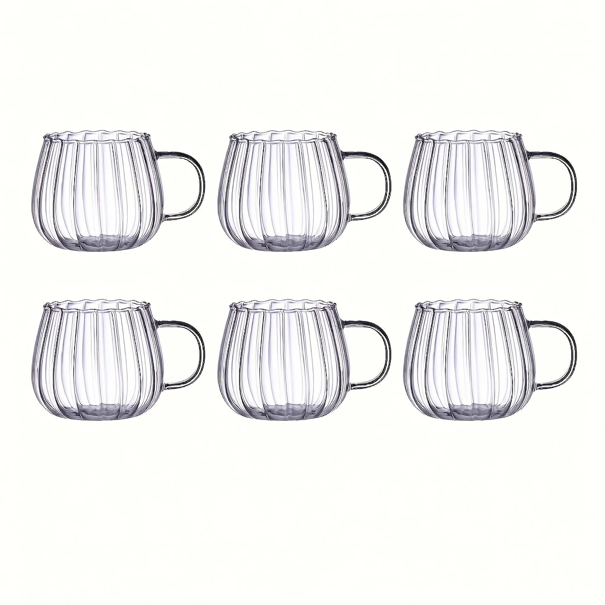 E-shop Set aus 1/6 Stück durchsichtigen Glas-Kaffeetassen, 12,85oz / 380ml, kürbisförmige Tassen mit Henkeln, Teetassen mit vertikalen Streifen,