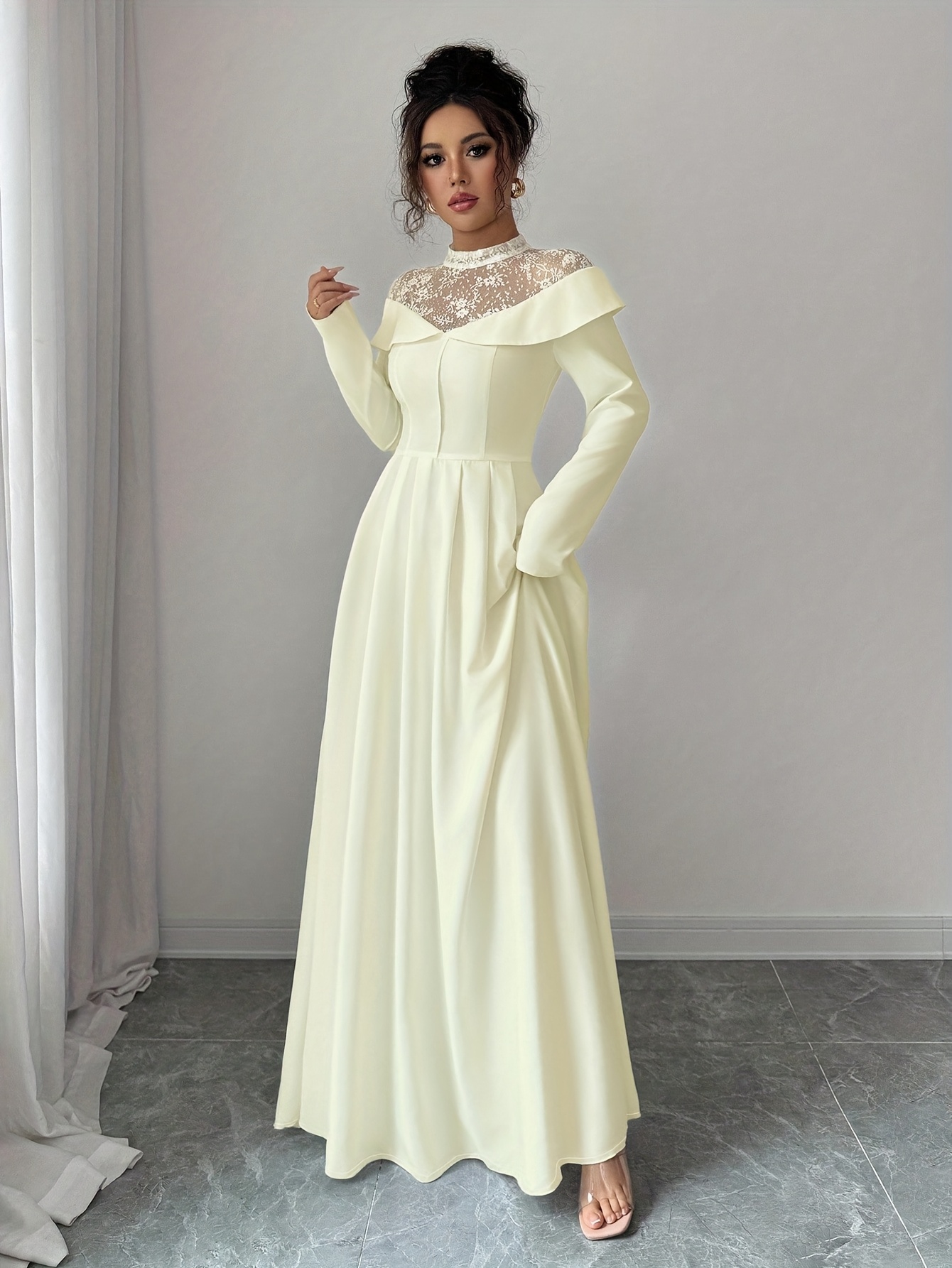 s elegant white a line maxi dress with mesh panel lace like sheer back long sleeve length wedding guest gown round neck formal evening dress machine washable no stretch Product details 7
