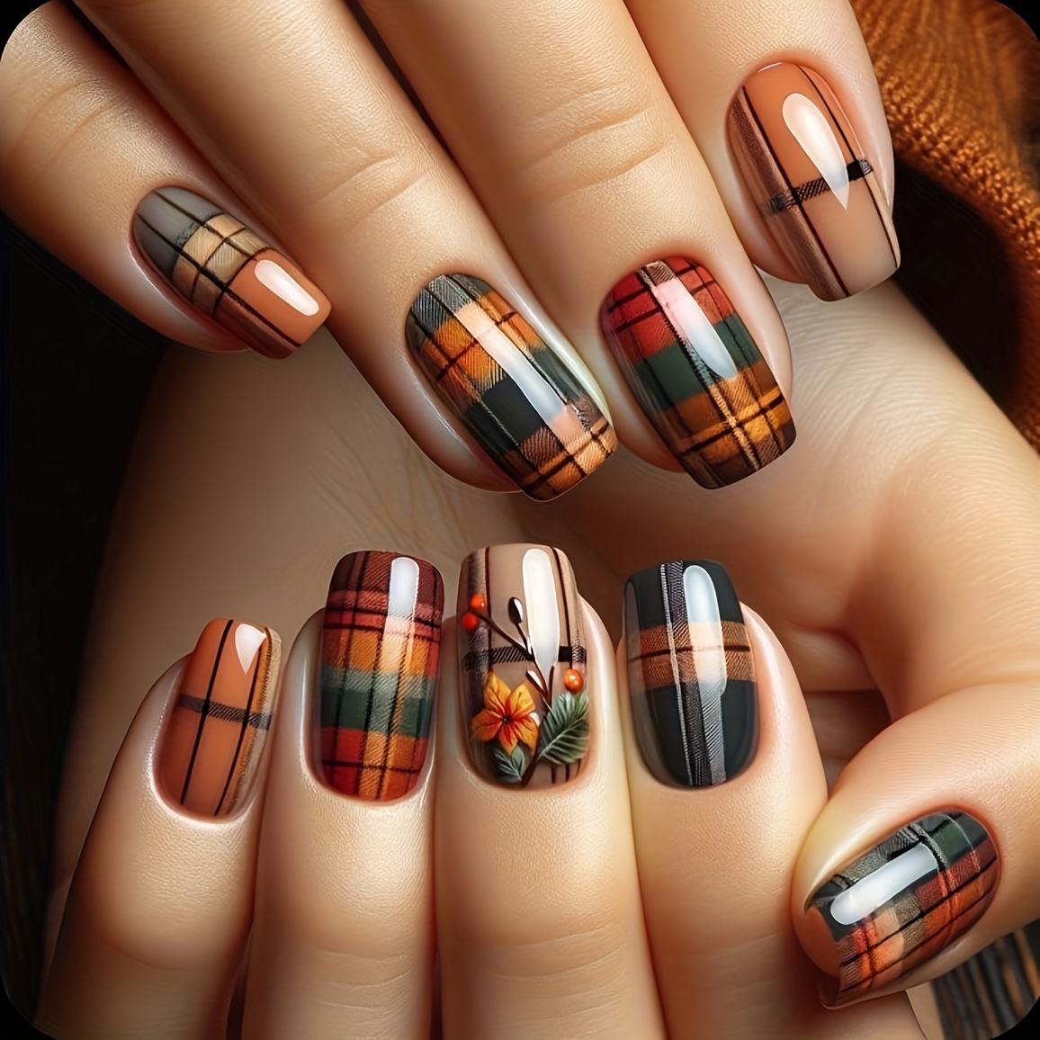 Ladies' Fake Nail Set, Green And Medium-length Press-ons With & Floral Designs, Glossy Finish