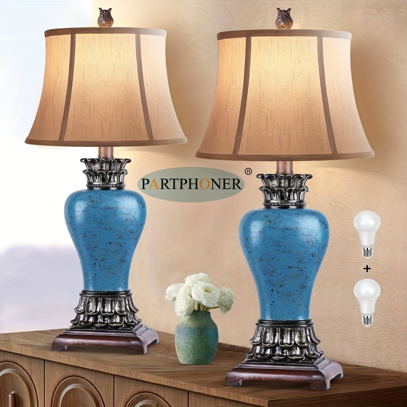 

Farmhouse Rustic Table Lamps Set Of 2 For Living Room 3-color Temperature Dimmable Country Antique Bedroom Nightstand Lamps Retro Traditional Bedside Lamp With 2 Bulbs