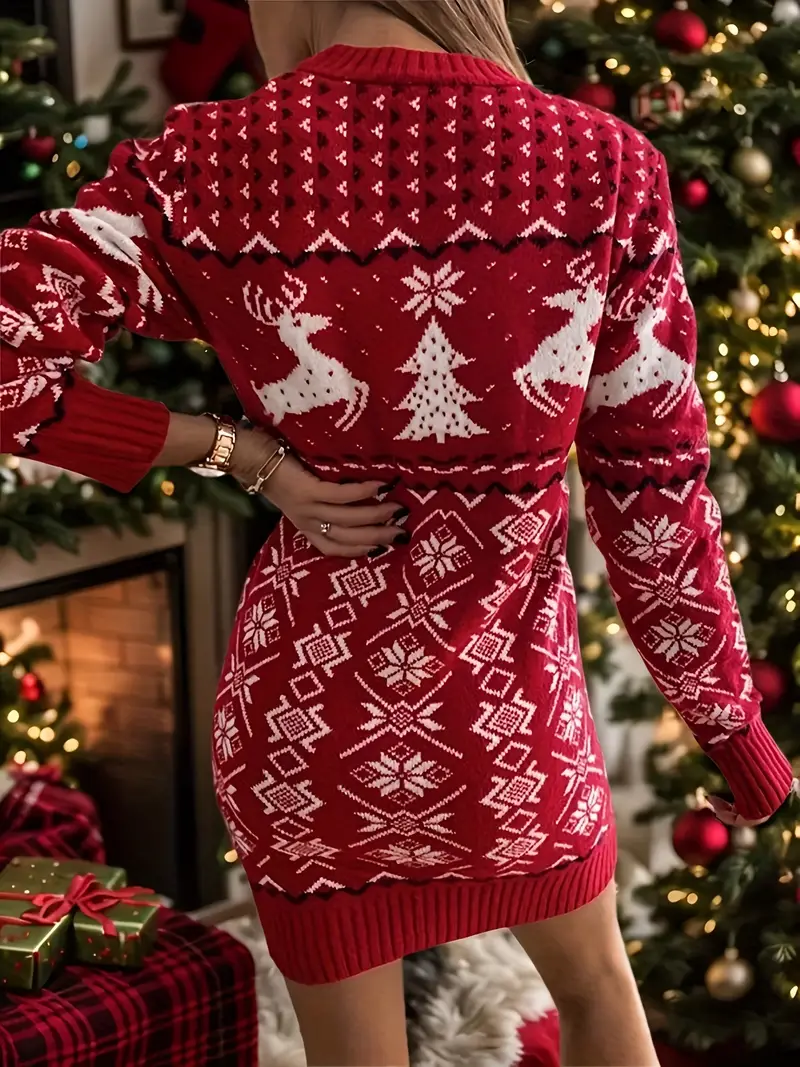 Elegant Women'S Dress for Autumn And Winter Featuring Christmas Patterns, Including Christmas Trees And Reindeer, with Long Sleeves, a Round Neckline, Elegant Women'S Dress for Autumn And Winter Featuring Christmas Patterns, Including Christmas Trees And Reindeer, with Long Sleeves, a Round Neckline,