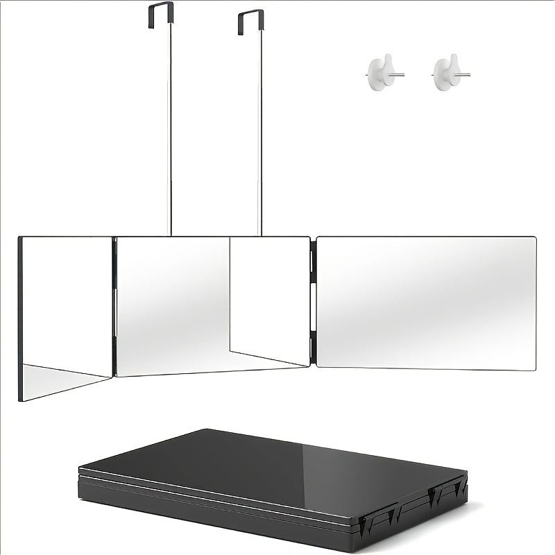 TEMU Banbers Foldable Triple Mirror With Led Lights, Adjustable Height Three-way Mirror With Extendable Hinges, 2 Fixed Nails, 360° Viewing Angle,