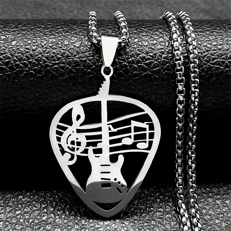 fashion mens stainless steel guitar music pendant necklace hip hop style jewelry details 1