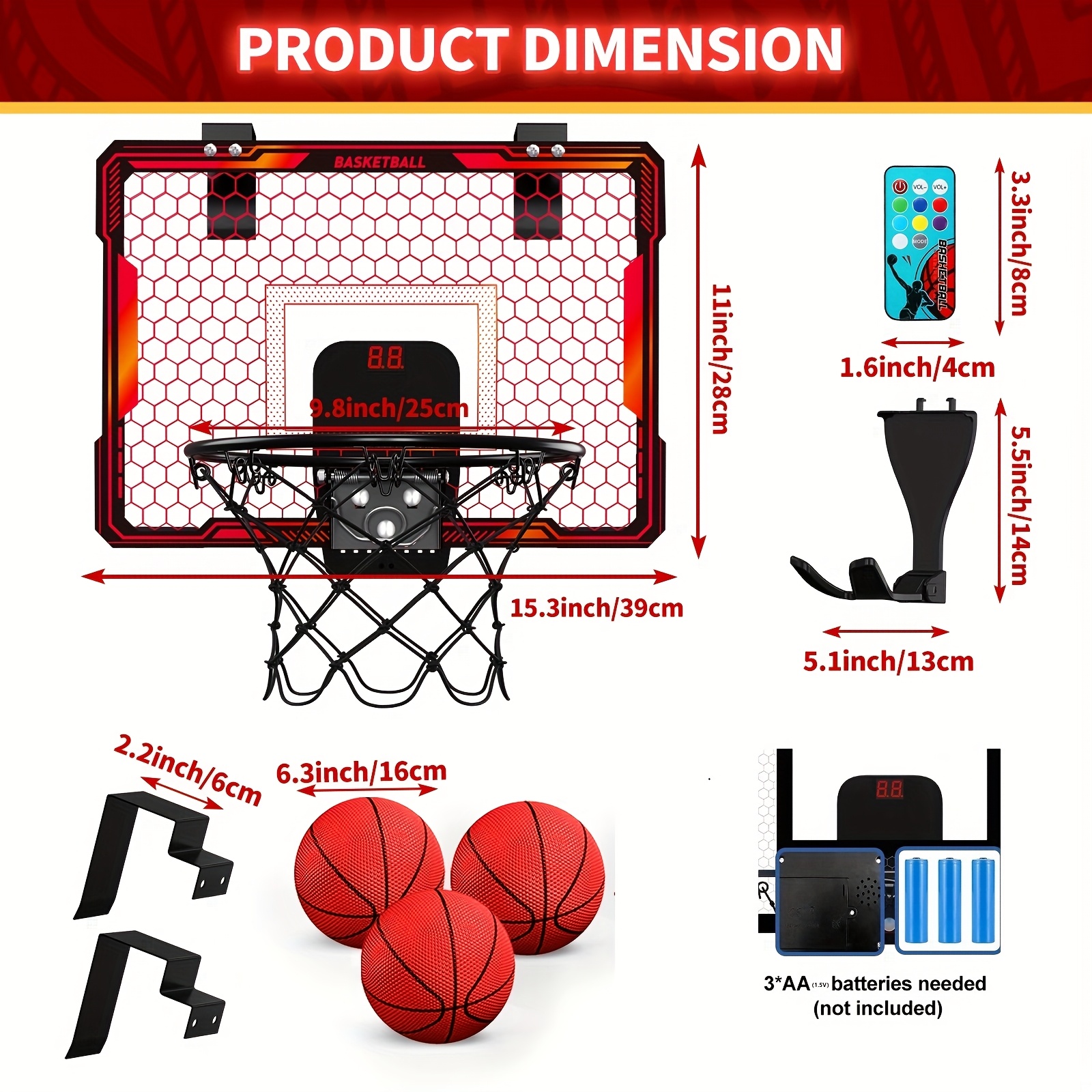 TEMU Hyes Remote Control Basketball Hoop Indoor With 7 Led Lighting, Mini Basketball Hoop With Electronic Scoreboard, 3 Modes, Over Door Basketball