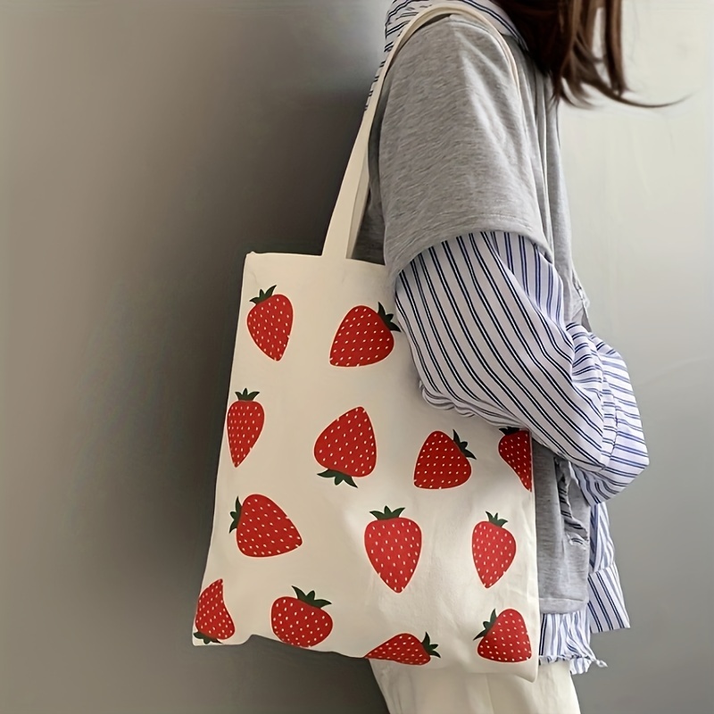 

Strawberry Canvas Tote Bag For Women, Large Capacity Shoulder Handbag, Casual Shopper Bag
