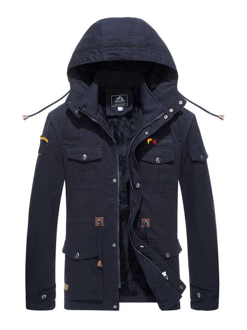 Men's Thick Winter Jacket With Fleece Lining - Military Style Hooded Work Coat With 8 Pockets