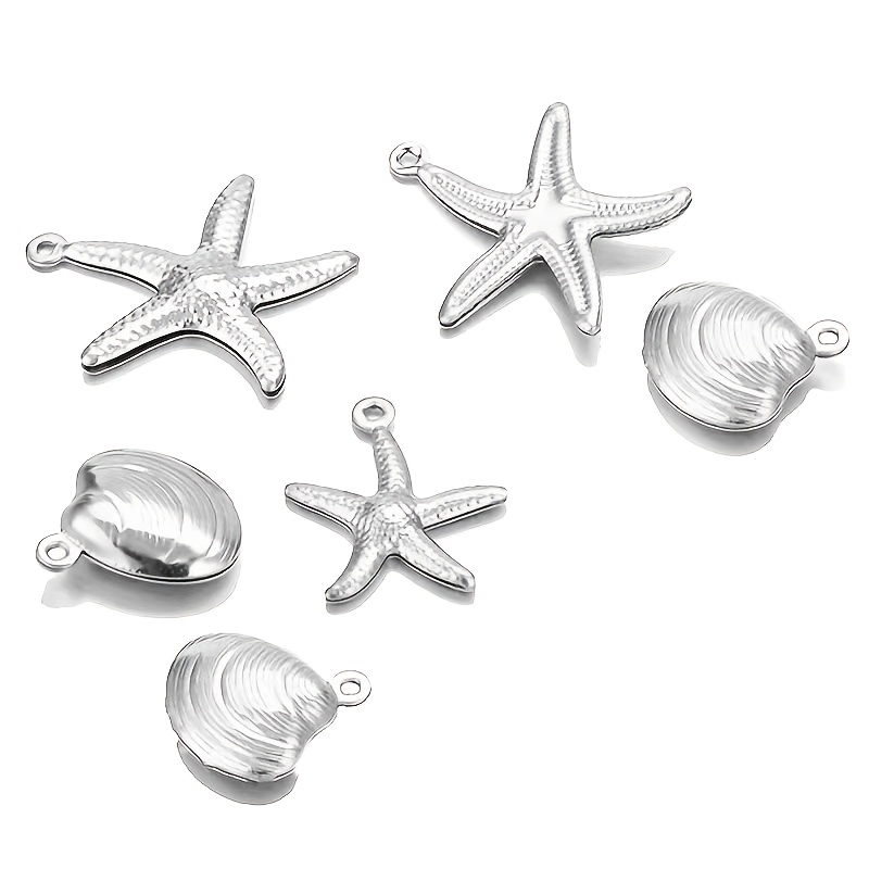 TEMU Set di 6 ciondoli a forma di stella marina e conchiglia in acciaio inossidabile, stile estivo , ideali per vacanze al mare. Accessori di