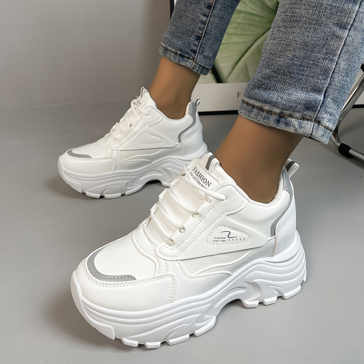 chic womens platform sneakers casual lace up height boosting sneakers with   cover upper pu sole details 0